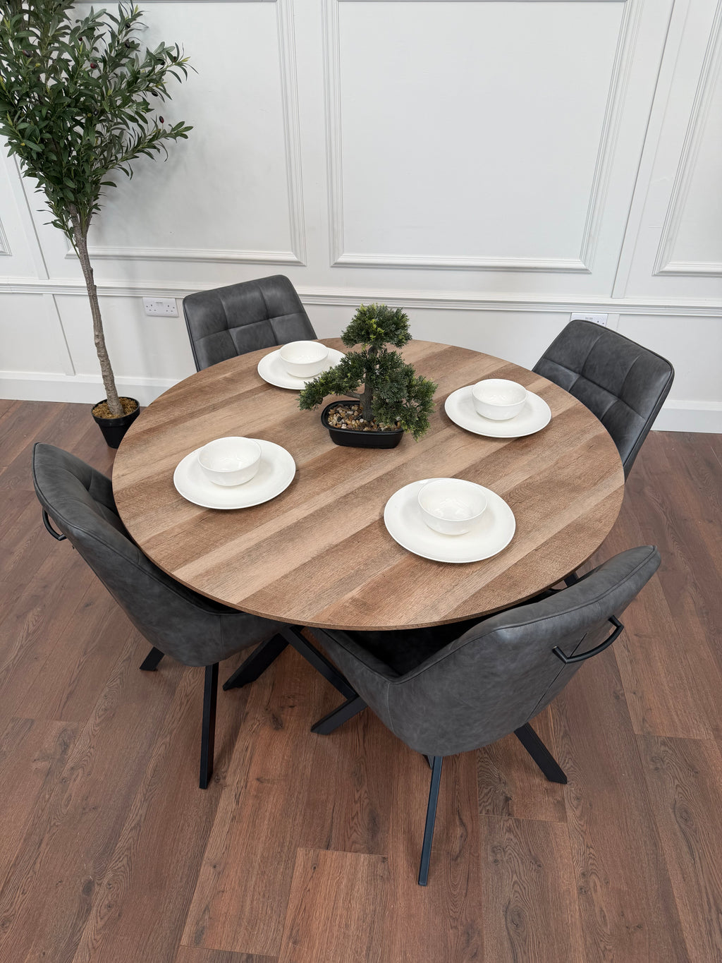 Epsom Rustic Oak 1.2m + 4 Pedro Charcoal PU Chairs