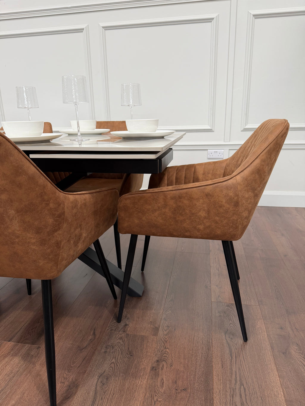 Sorrento Sintered Stone Extending Dining Set + 6 EZ Tan Suede Chairs