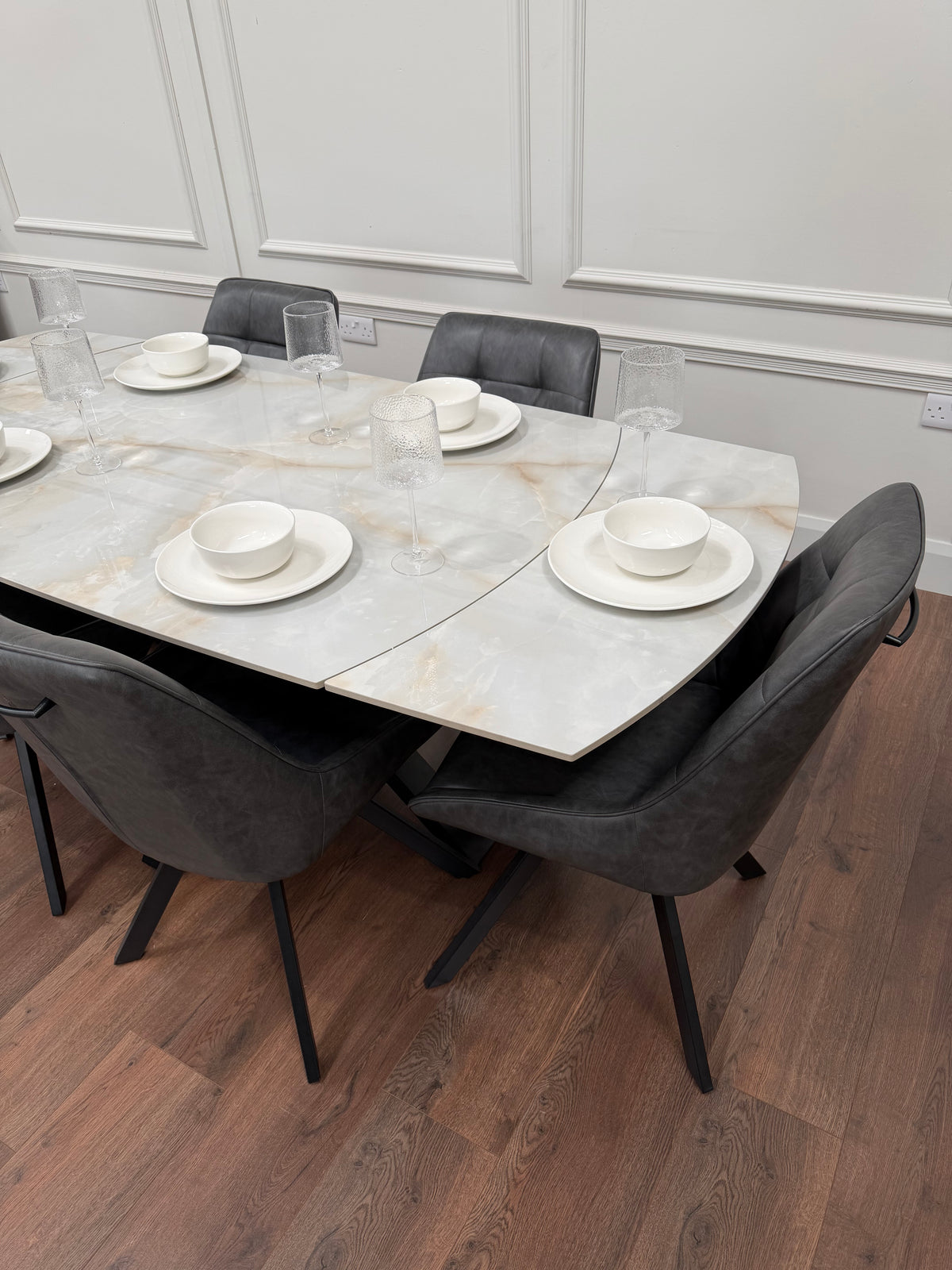Positano Extending Sintered Stone Dining Set + 6 Pedro Charcoal PU Chairs