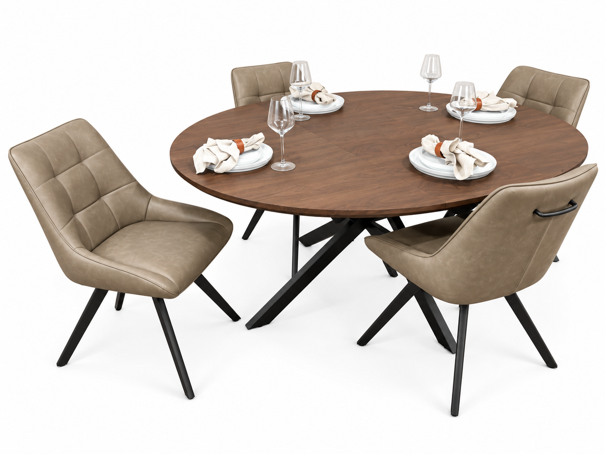 New York dark oak round extending dining table with 4 Pedro dark taupe PU chairs