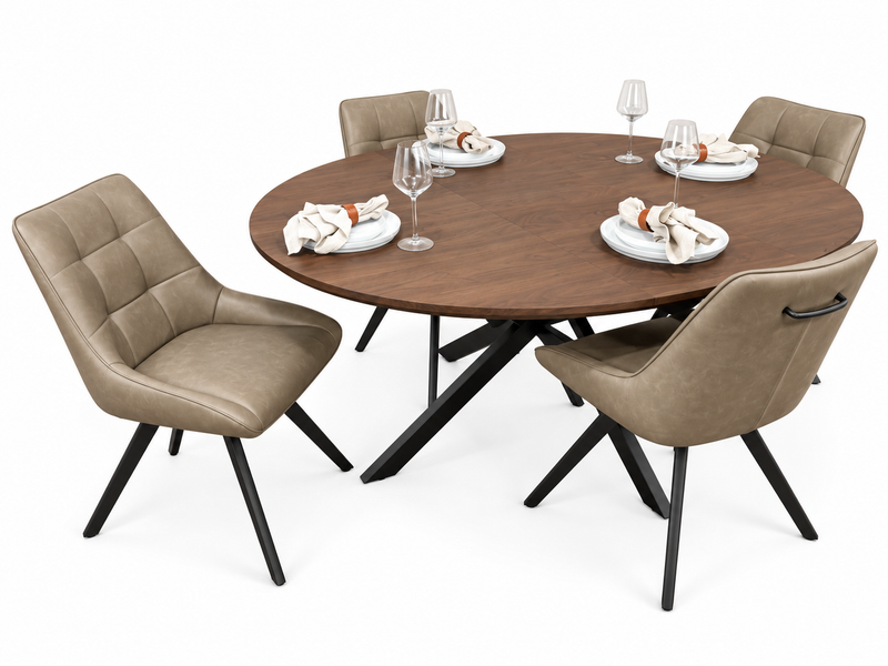 New York dark oak round extending dining table with 4 Pedro dark taupe PU chairs