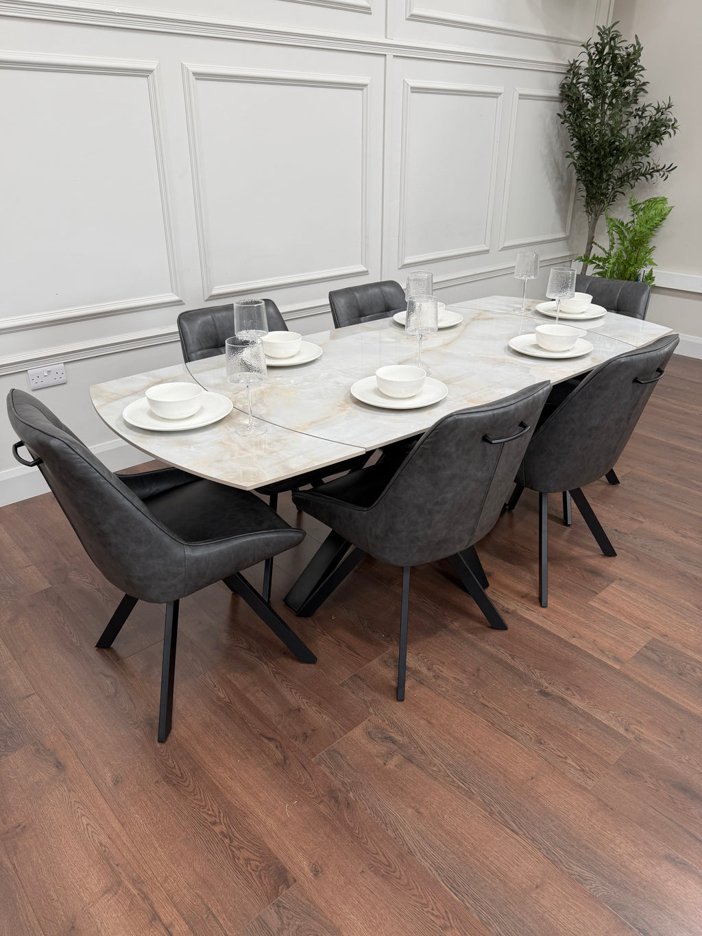 Positano Extending Sintered Stone Dining Set + 6 Pedro Charcoal PU Chairs