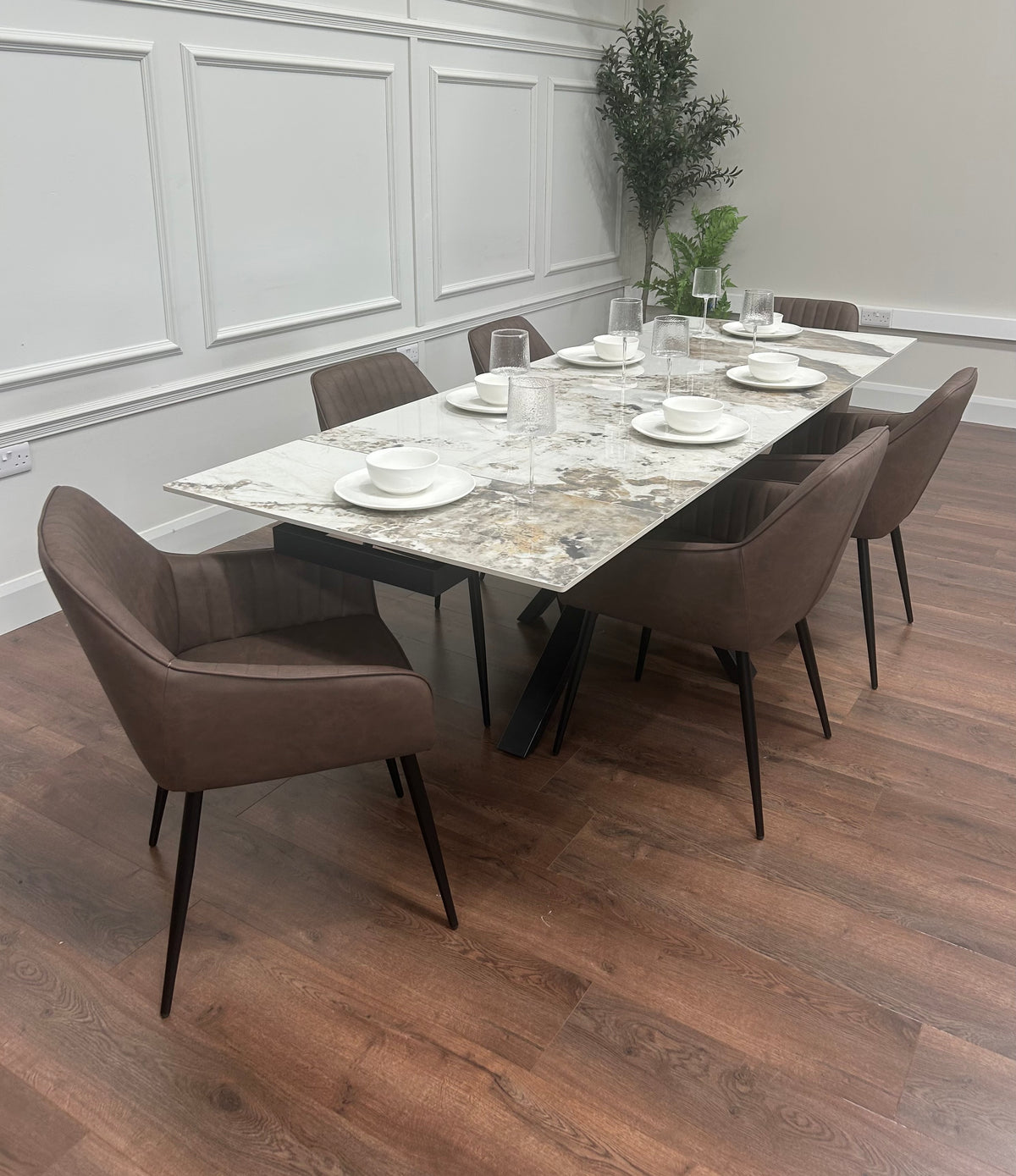 Sorrento Extending Sintered Stone Dining Set + 6 EZ Brown Chairs