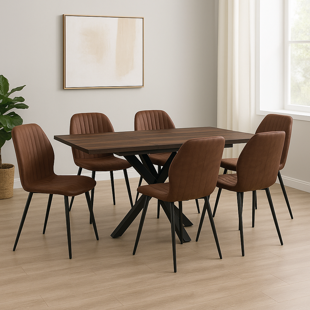 Epsom Dark Oak 1.2m/1.6m + 6 Lyra Chairs Brown PU
