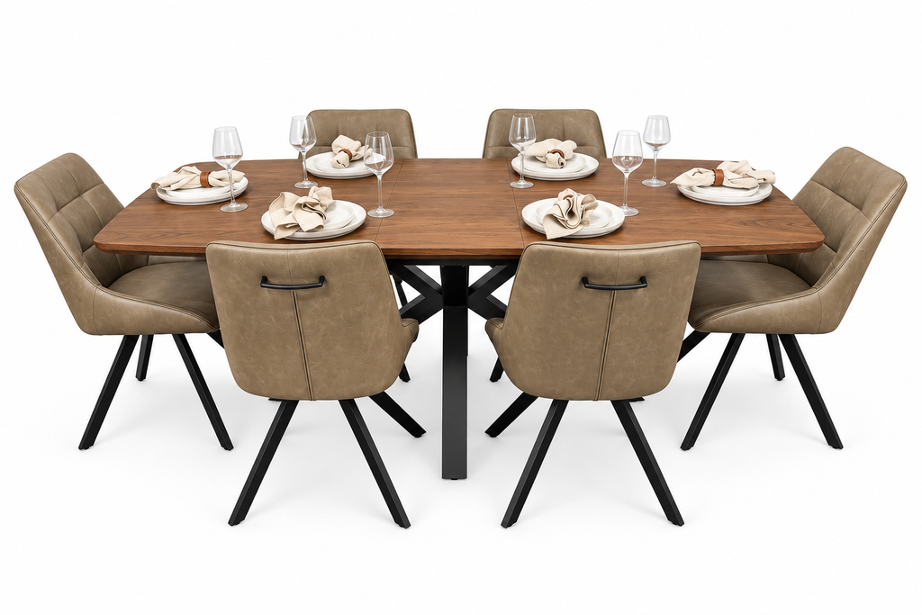 New York walnut extending dining table with 6 Pedro dark taupe PU chairs