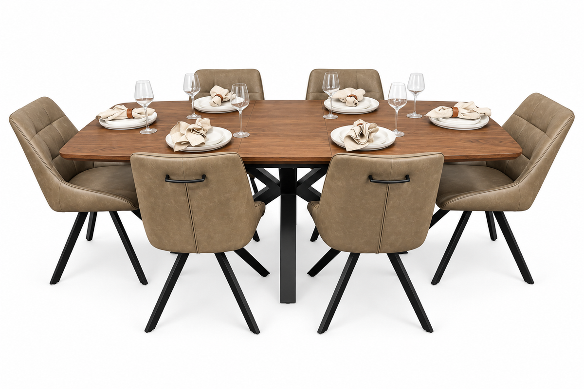 New York walnut extending dining table with 6 Pedro dark taupe PU chairs
