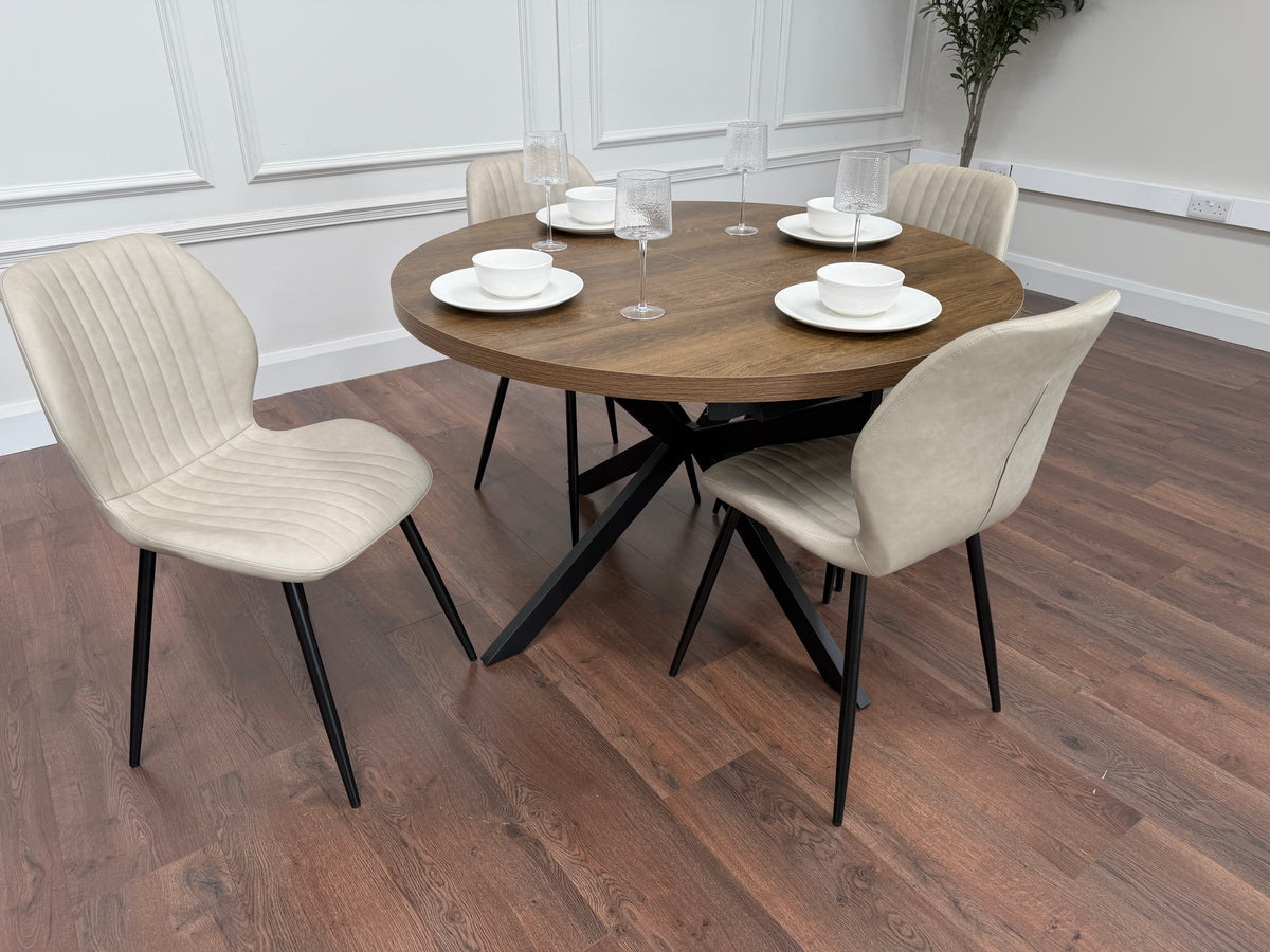 Pan 1.2m–1.6m Extending Dining Table with Lyra Taupe PU Chairs