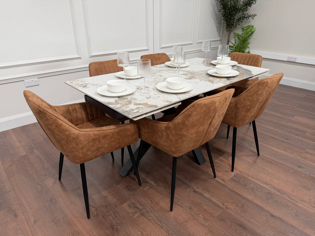 Sorrento Sintered Stone Extending Dining Set + 6 EZ Tan Suede Chairs