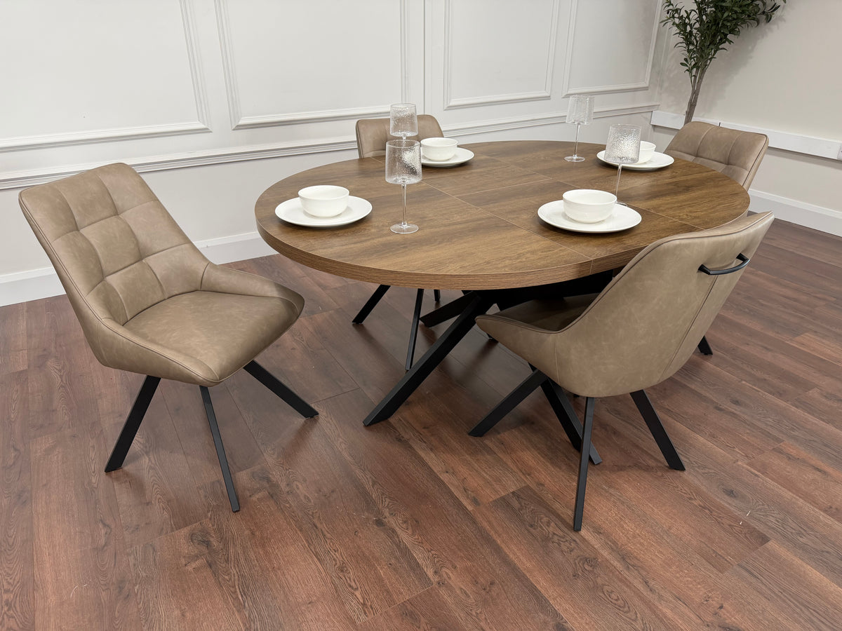 Pan 1.2m–1.6m Extending Dining Table with Pedro Dark Taupe PU Chairs
