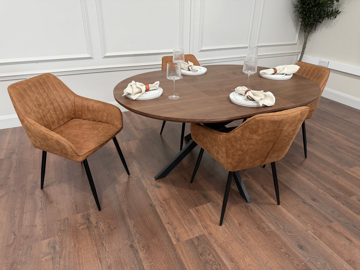 New York dark oak round extending dining table with 4 EZ tan suede chairs - photo 2