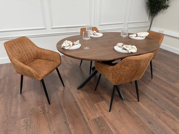 New York dark oak round extending dining table with 4 EZ tan suede chairs - photo 2