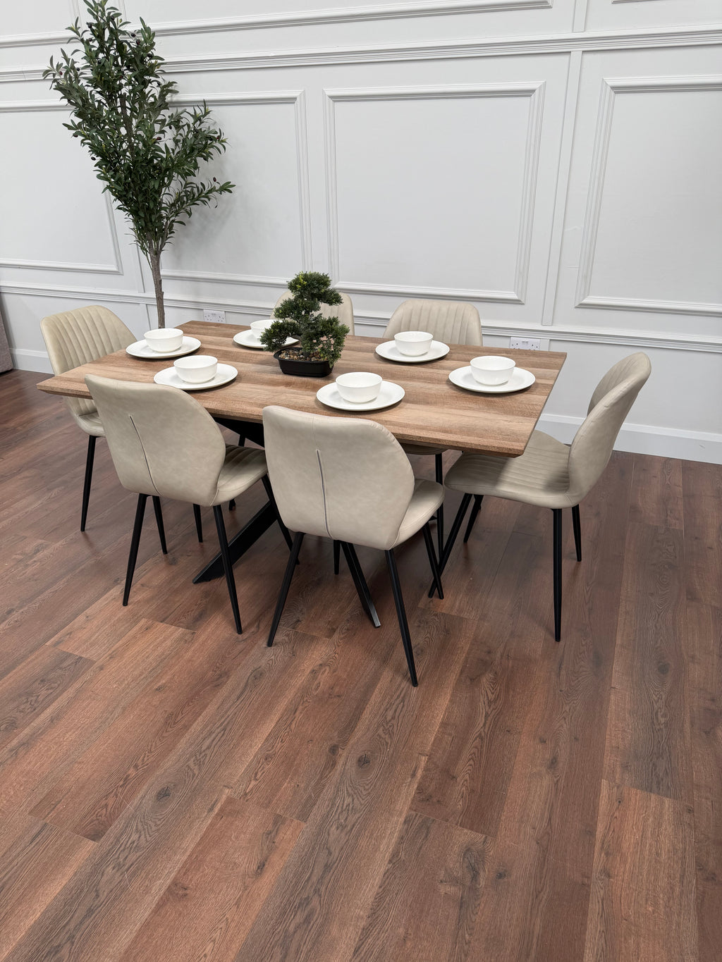 Epsom Rustic Oak 1.6m + 6 Lyra Chairs Taupe  PU