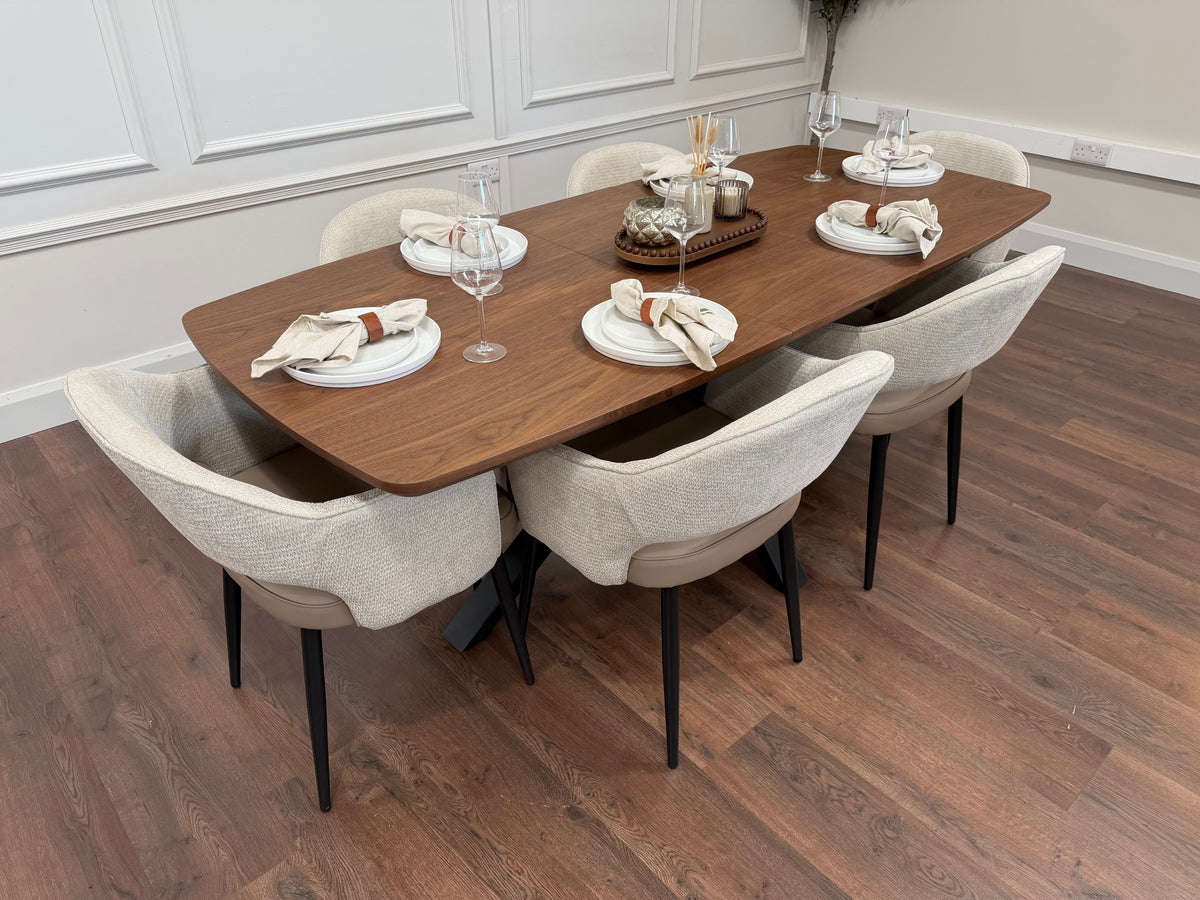 New York walnut extending dining table with 6 Maisie champagne beige and taupe chairs - photo 6