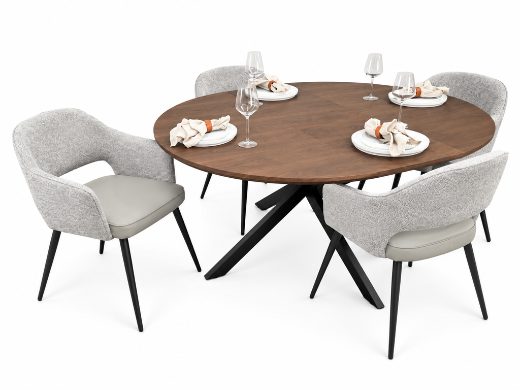 New York dark oak round extending dining table with 4 Maisie dove grey and stone grey chairs