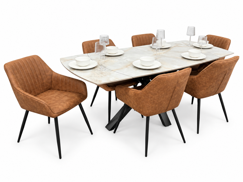 Positano Extending Sintered Stone Dining Set + 6 EZ Tan Suede Chairs