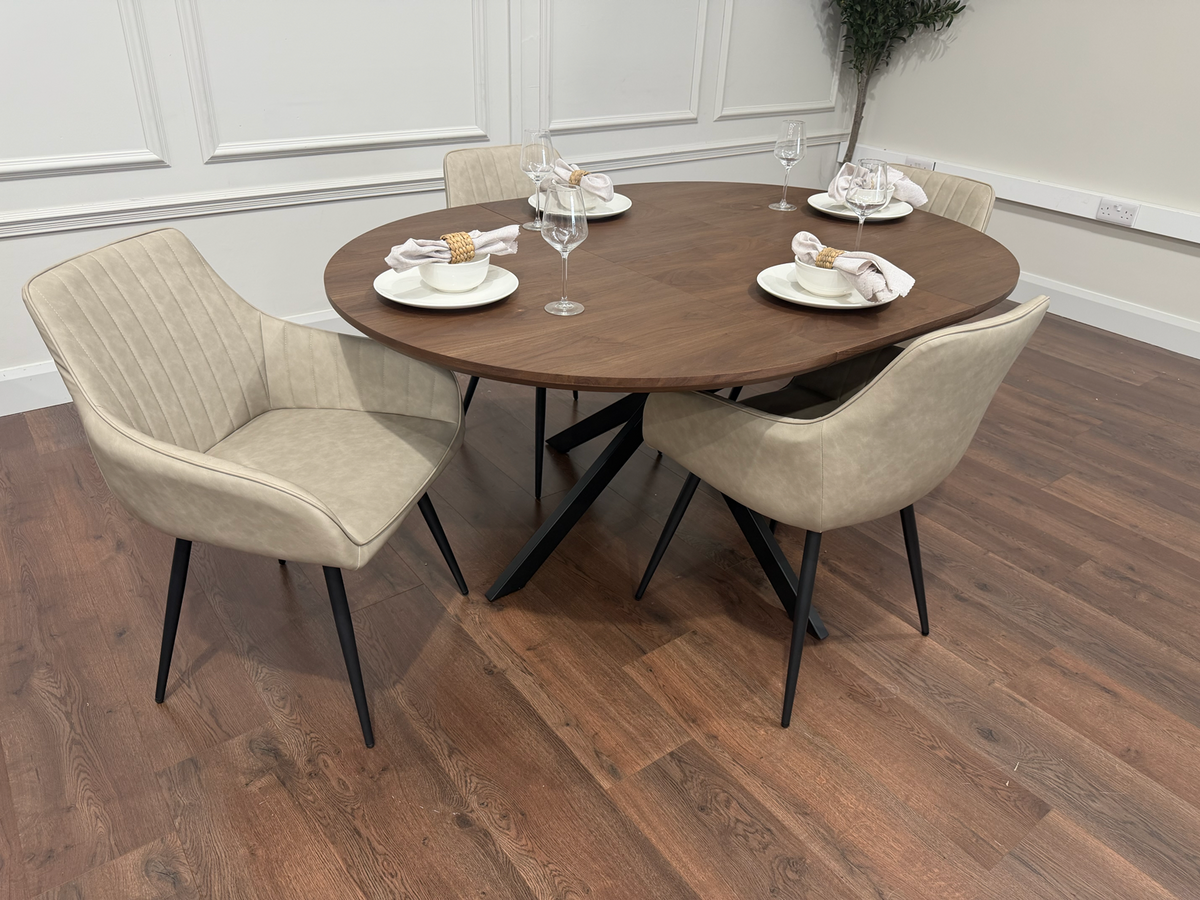 New York dark oak round extending dining table with 4 EZ taupe PU chairs - photo 2