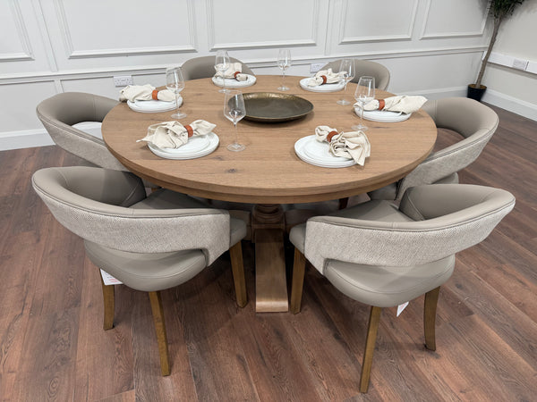 Westbury 1.55m round oak dining table with 6 Willow dark taupe chairs - photo 2