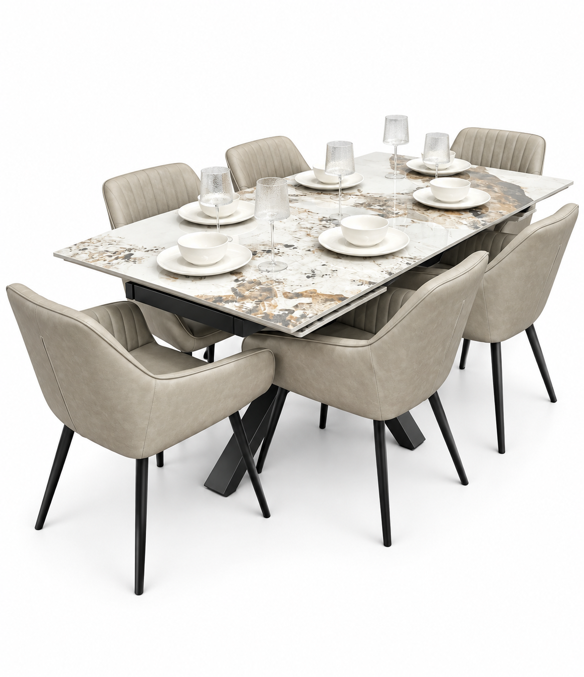Sorrento Extending Sintered Stone Dining Set + 6 EZ Taupe Chairs