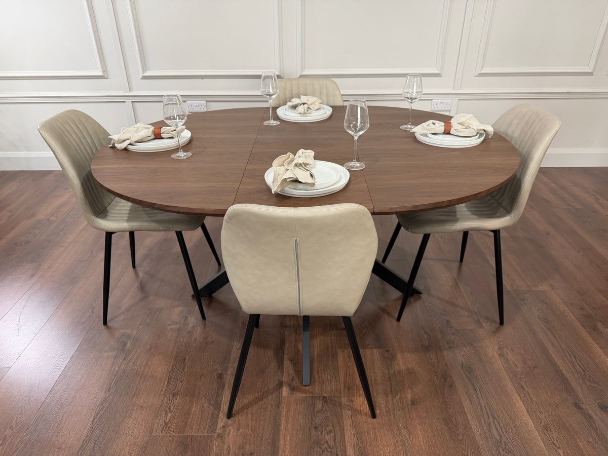 New York dark oak round extending dining table with 4 Lyra taupe PU chairs - photo 3
