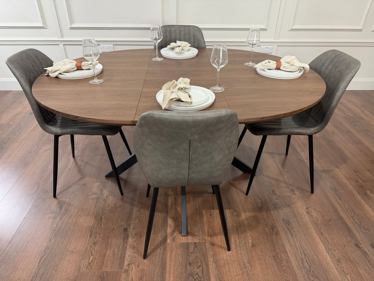 New York dark oak round extending dining table with 4 Lyra grey PU chairs - photo 3