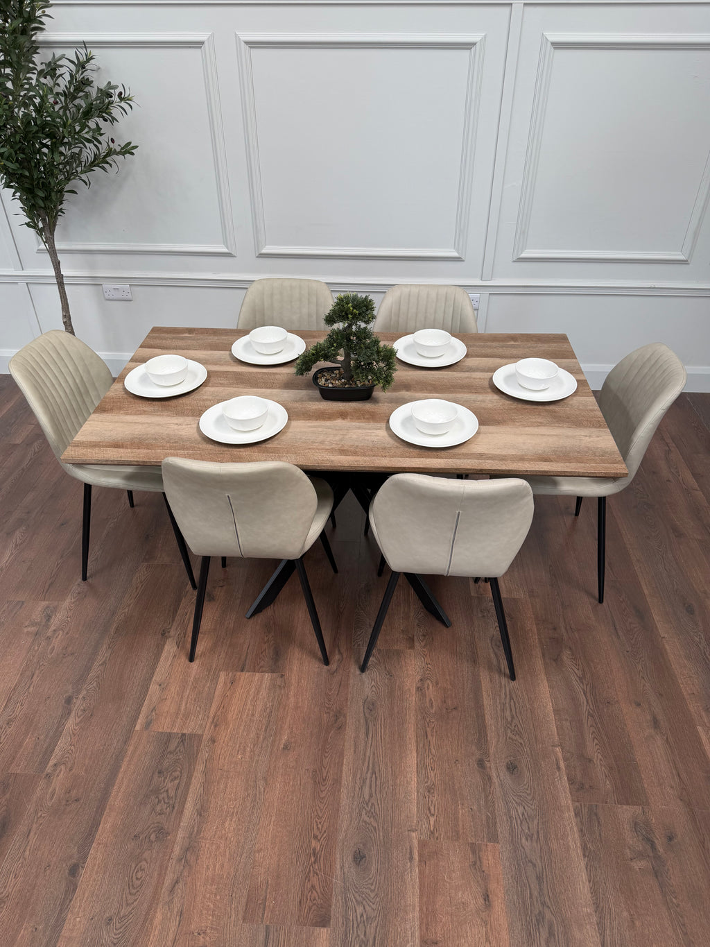 Epsom Rustic Oak 1.6m + 6 Lyra Chairs Taupe  PU