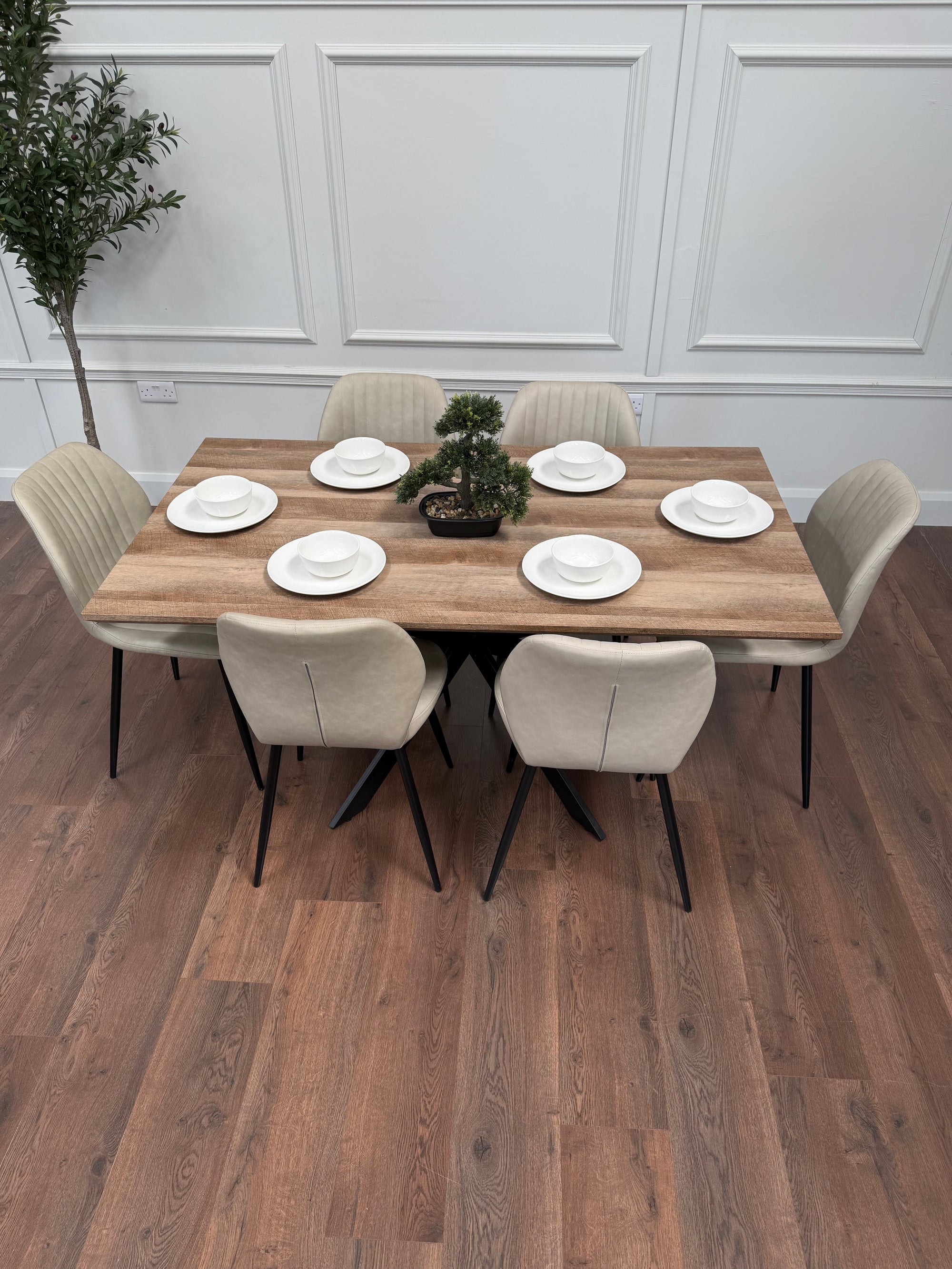 Epsom Rustic Oak 1.6m + 6 Lyra Chairs Taupe  PU