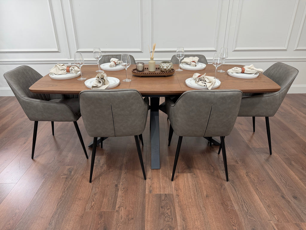 New York walnut extending dining table with 6 EZ grey PU chairs - photo 4