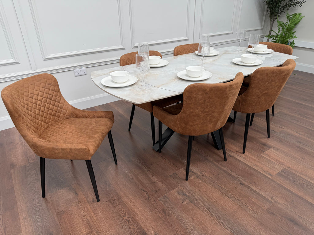 Positano Sintered Stone Dining Set + 6 Tan Diamond Chairs