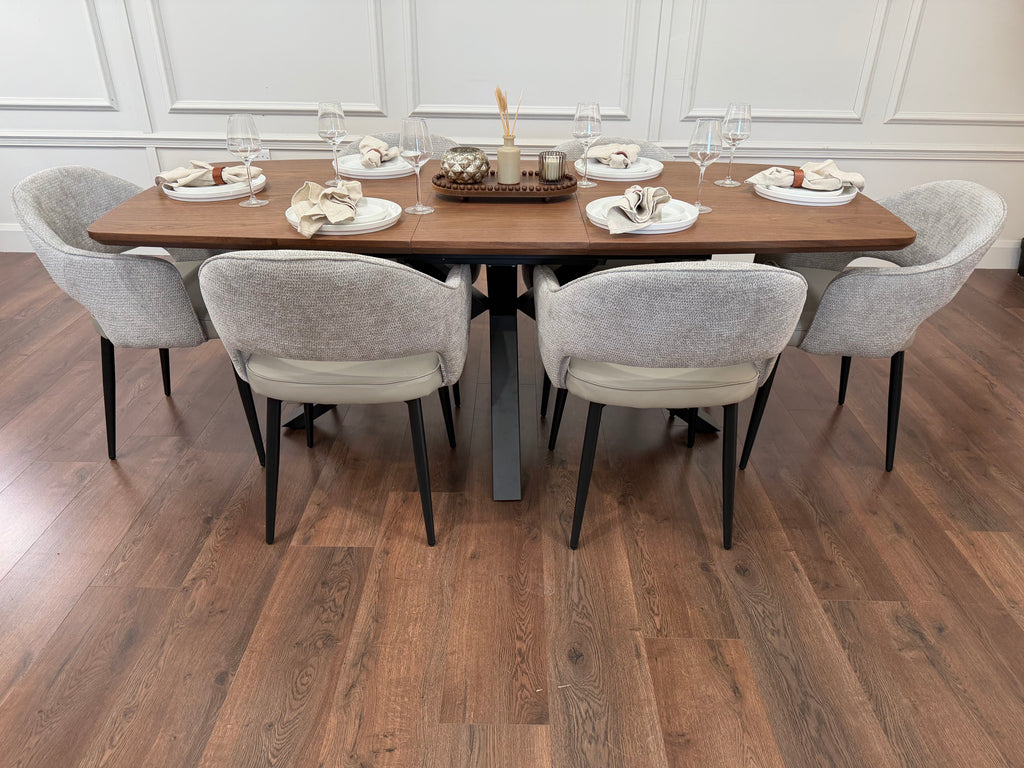 New York walnut extending dining table with 6 Maisie dove grey and stone grey chairs - photo 5