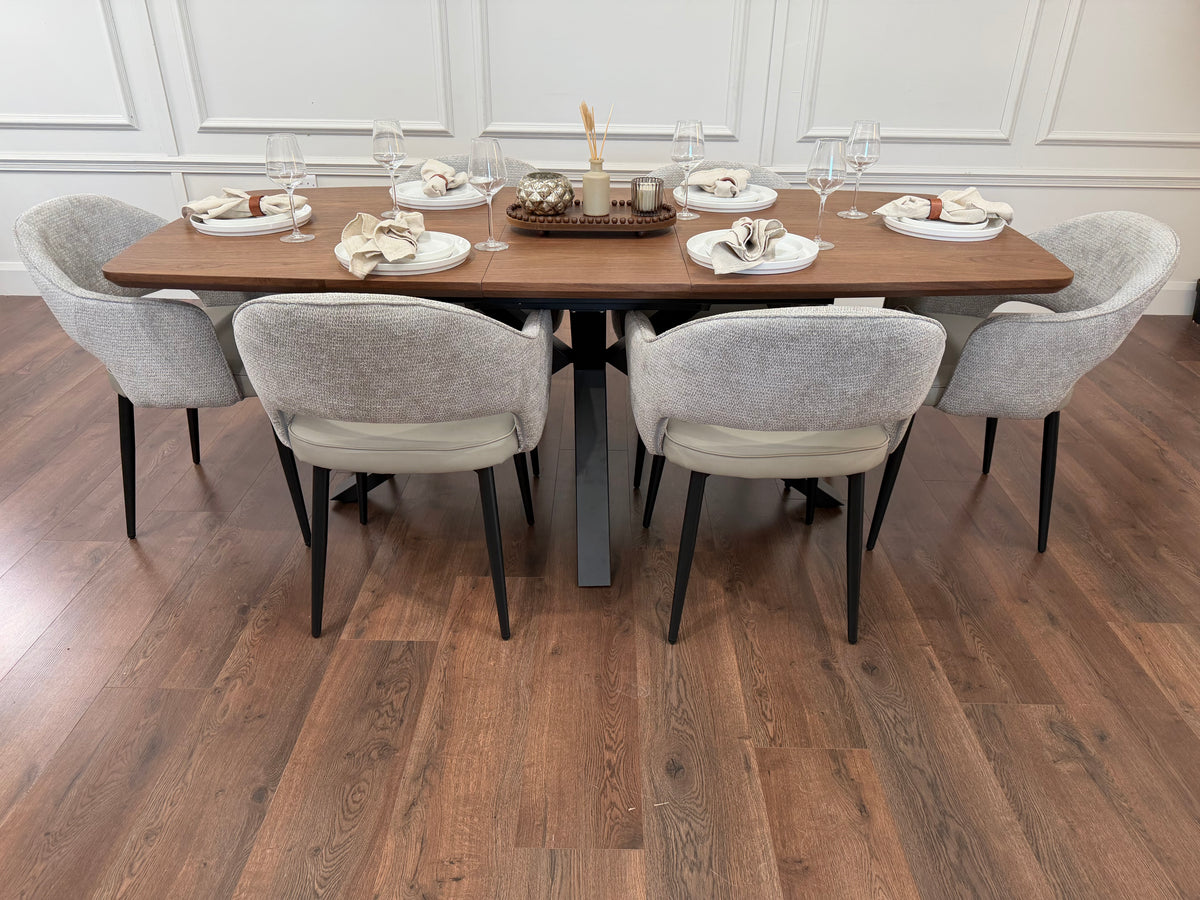 New York walnut extending dining table with 6 Maisie dove grey and stone grey chairs - photo 5