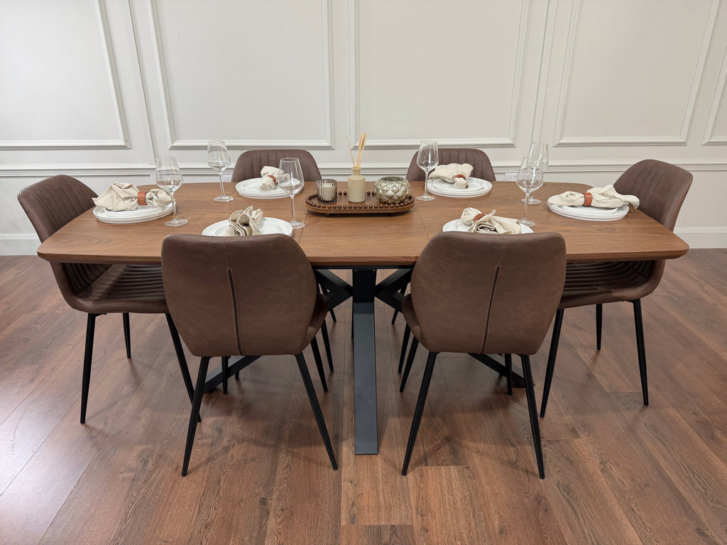 New York walnut extending dining table with 6 Lyra brown PU chairs - photo 5