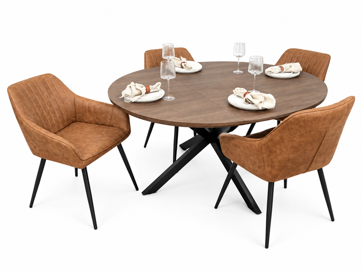New York dark oak round extending dining table with 4 EZ tan suede chairs