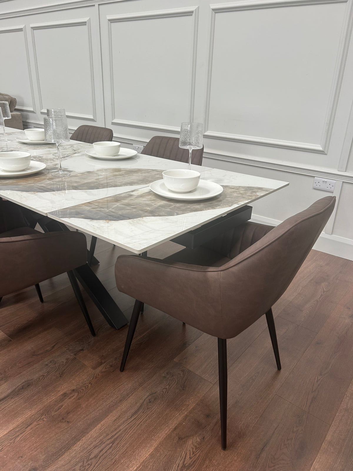 Sorrento Extending Sintered Stone Dining Set + 6 EZ Brown Chairs