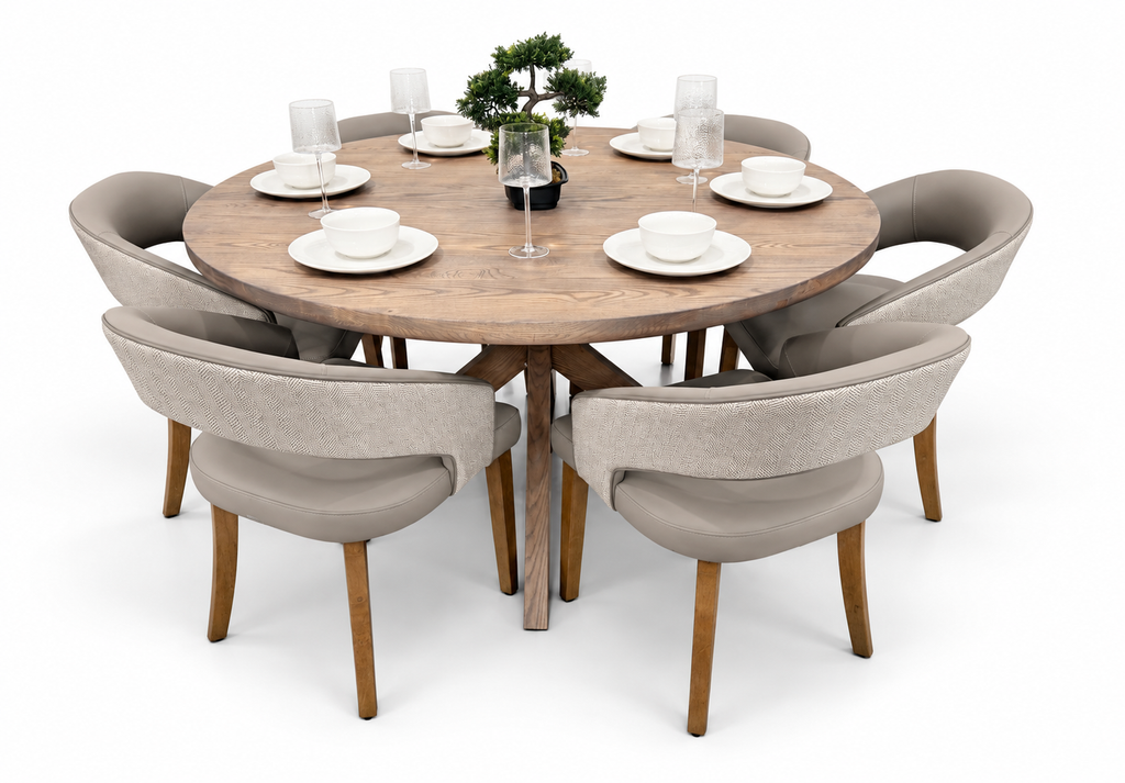 Ashley 1.5m Round Solid Oak Dining Set with 6 Willow Taupe Chairs
