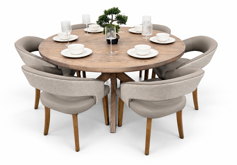Ashley 1.5m Round Solid Oak Dining Set with 6 Willow Taupe Chairs