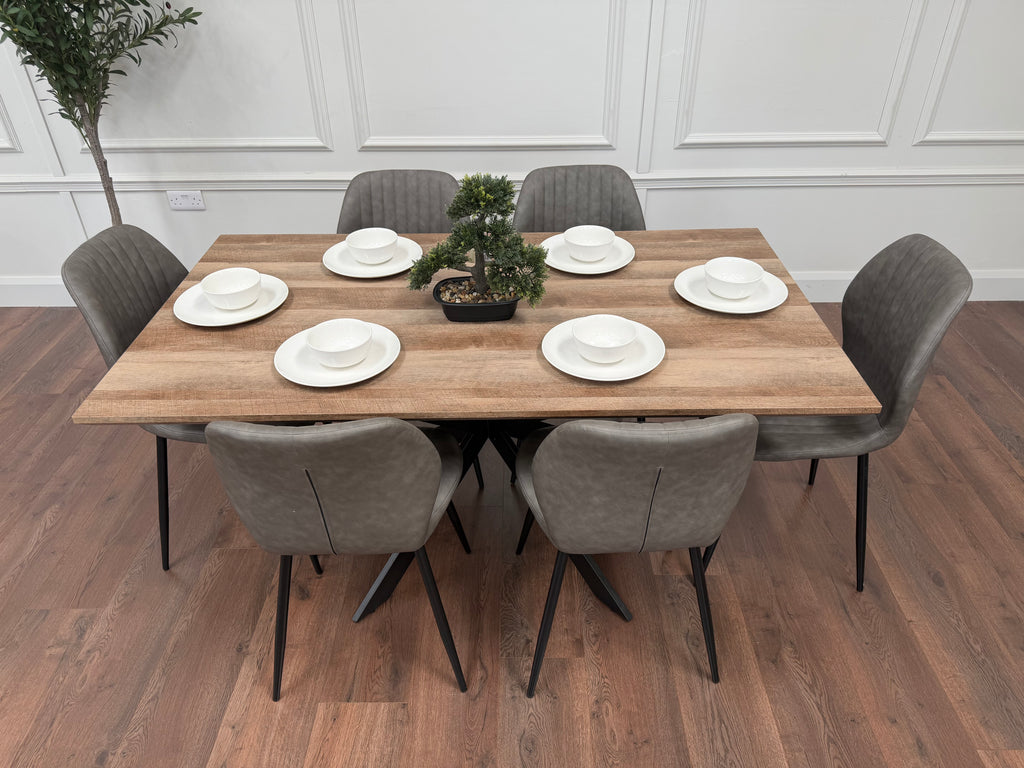 Epsom Rustic Oak 1.6m + 6 Lyra Chairs Grey PU
