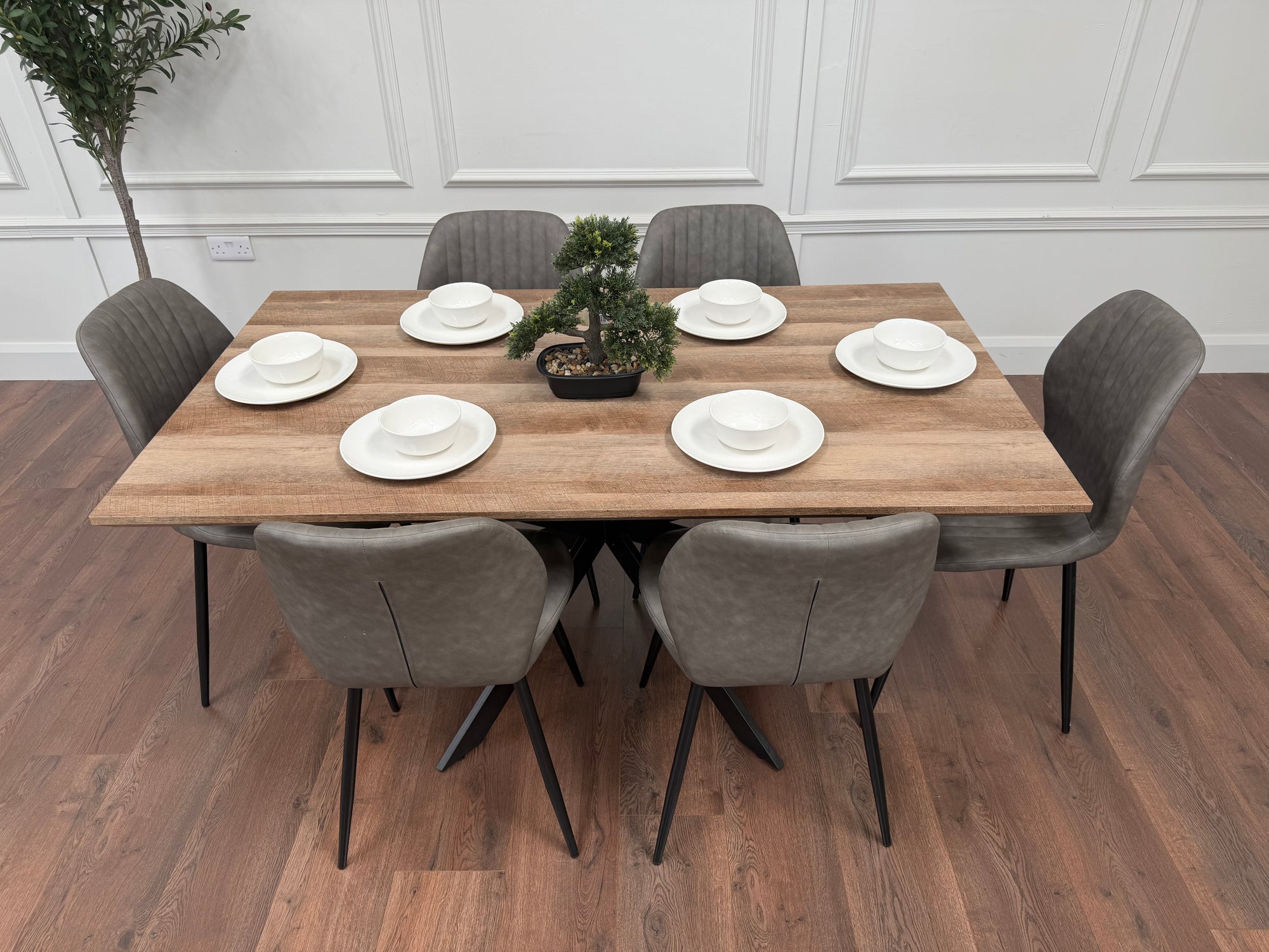Epsom Rustic Oak 1.6m + 6 Lyra Chairs Grey PU