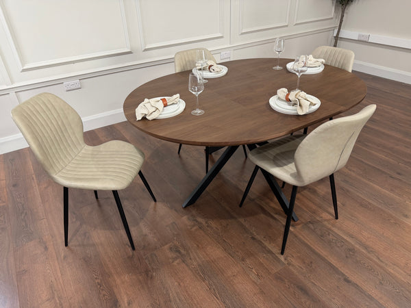 New York dark oak round extending dining table with 4 Lyra taupe PU chairs - photo 2
