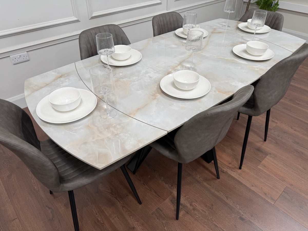 Positano Extending Sintered Stone Dining Set + 6 Lyra Grey PU Chairs