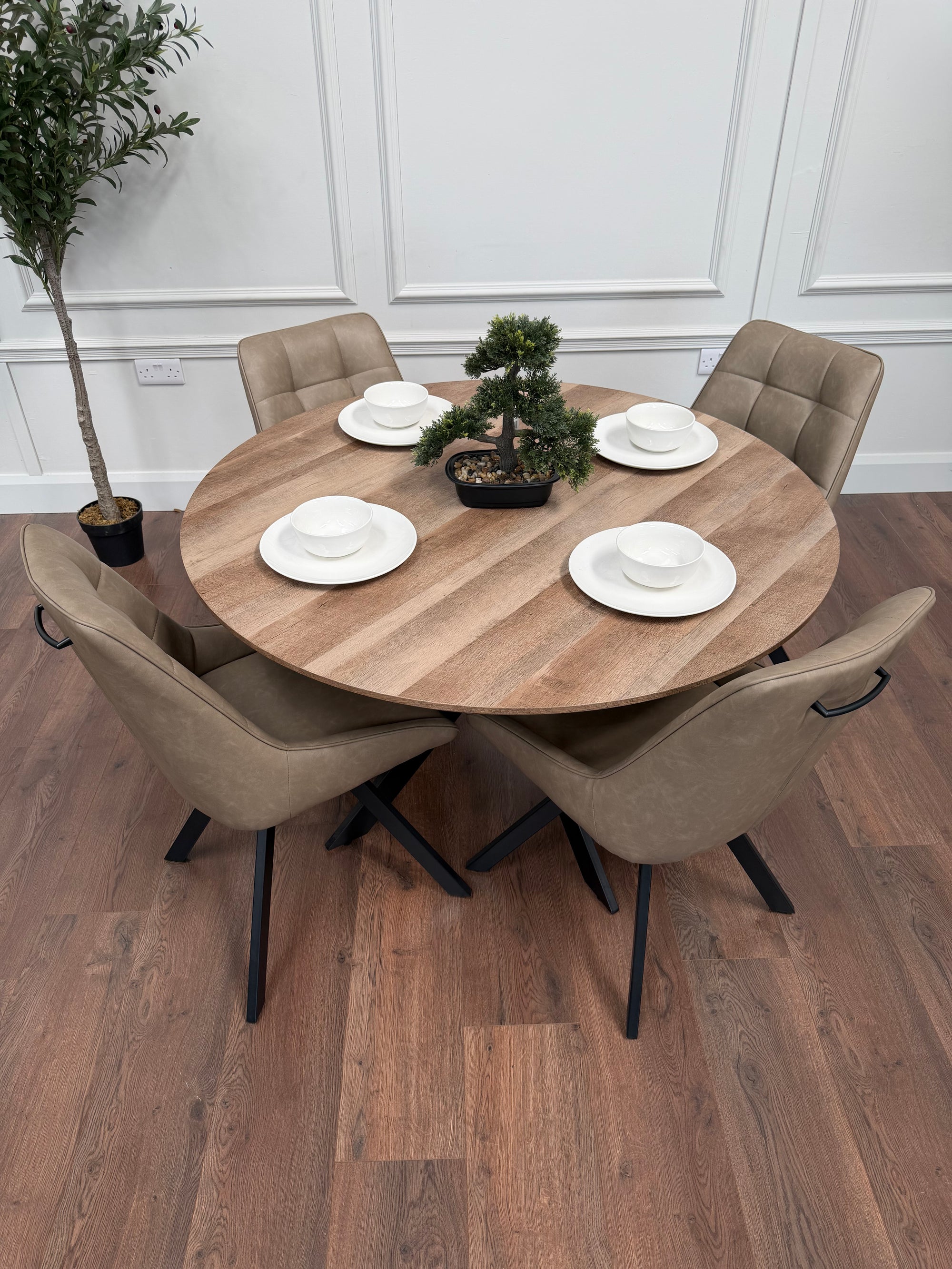 Epsom Rustic Oak 1.2m + 4 Pedro Dark Taupe PU Chairs