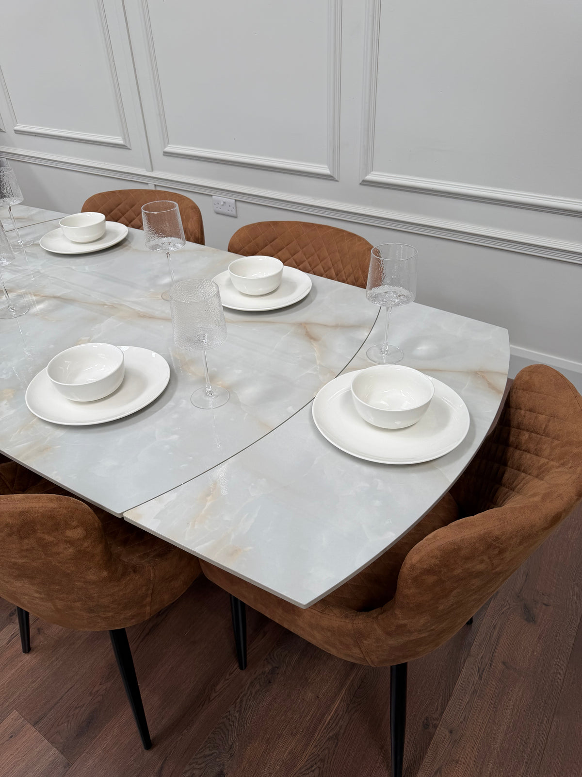 Positano Sintered Stone Dining Set + 6 Tan Diamond Chairs