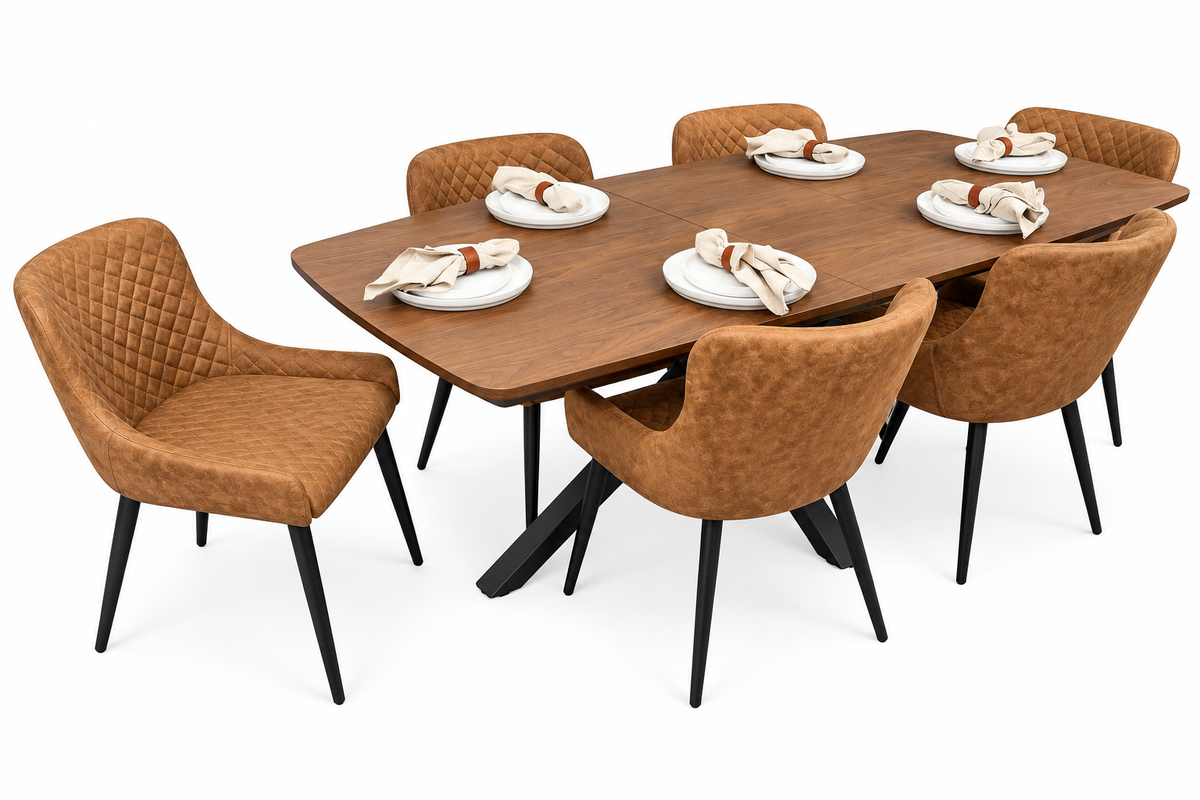 New York walnut extending dining table with 6 Diamond tan suede chairs