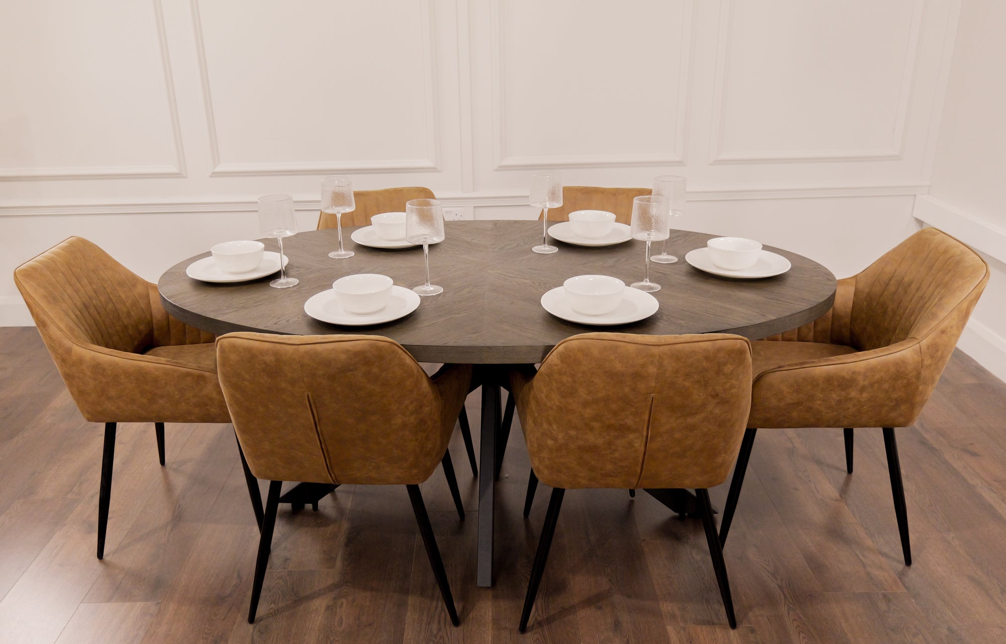 Samara 1.8m Oval Table + 6 EZ Tan Suede Chairs