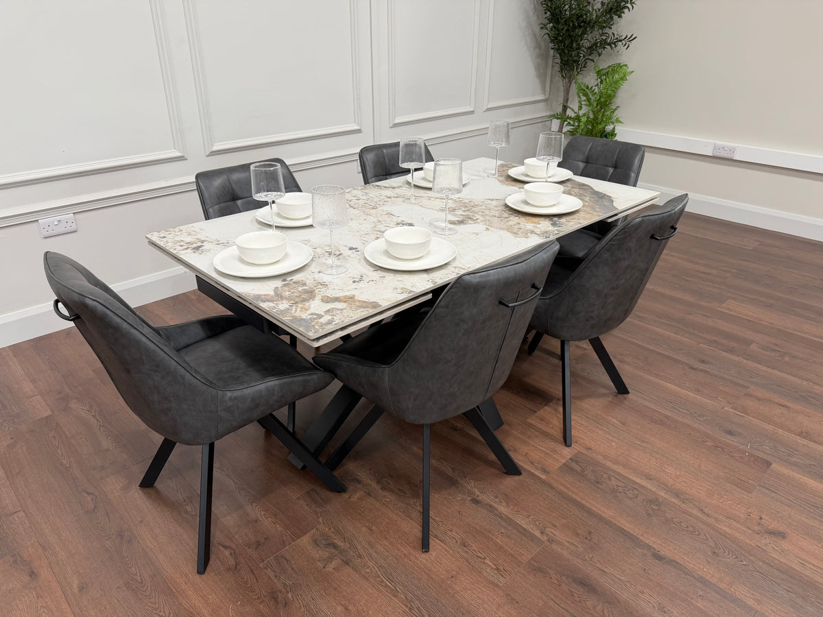 Sorrento Extending Sintered Stone Dining Table & Pedro Charcoal  Chairs