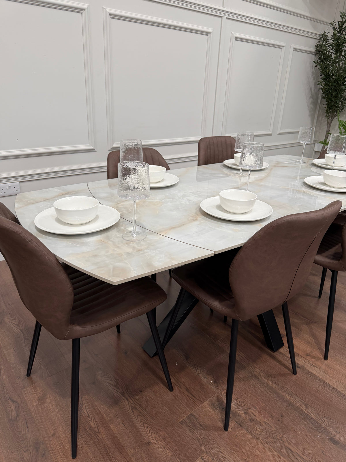 Positano Extending Sintered Stone Dining Table + 6 Lyra Brown PU Chairs