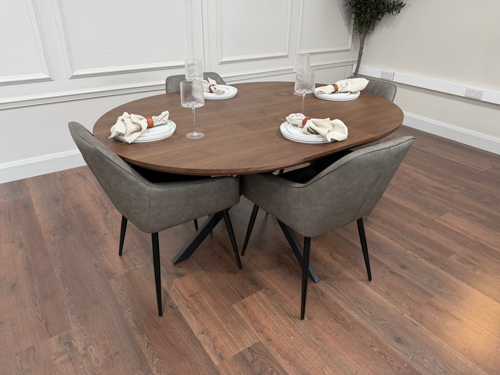 New York dark oak round extending dining table with 4 EZ grey PU chairs - photo 4