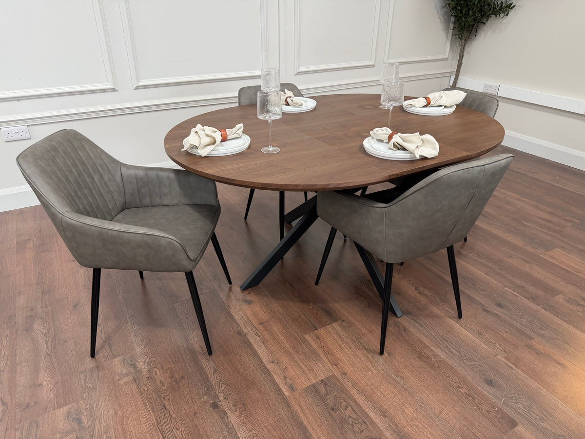 New York dark oak round extending dining table with 4 EZ grey PU chairs - photo 2
