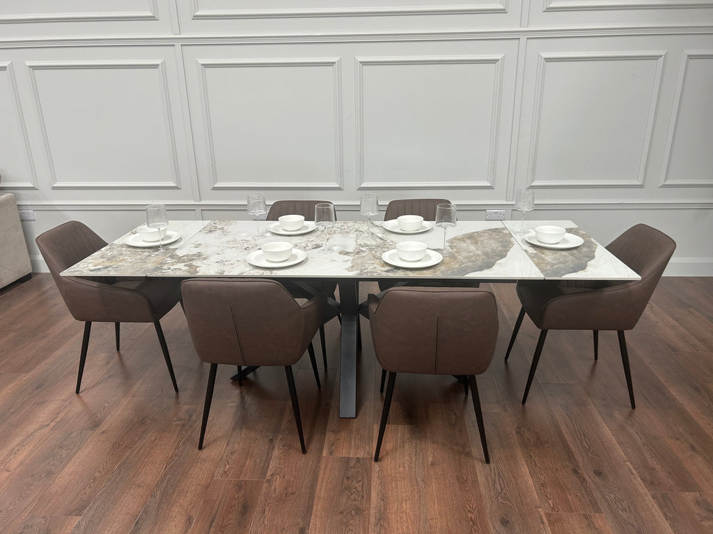 Sorrento Extending Sintered Stone Dining Set + 6 EZ Brown Chairs