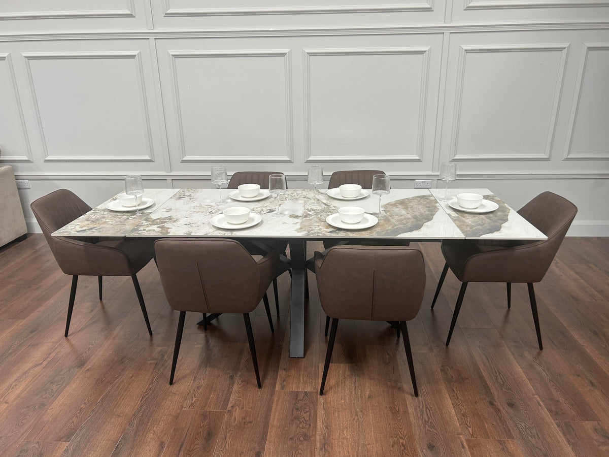 Sorrento Extending Sintered Stone Dining Set + 6 EZ Brown Chairs
