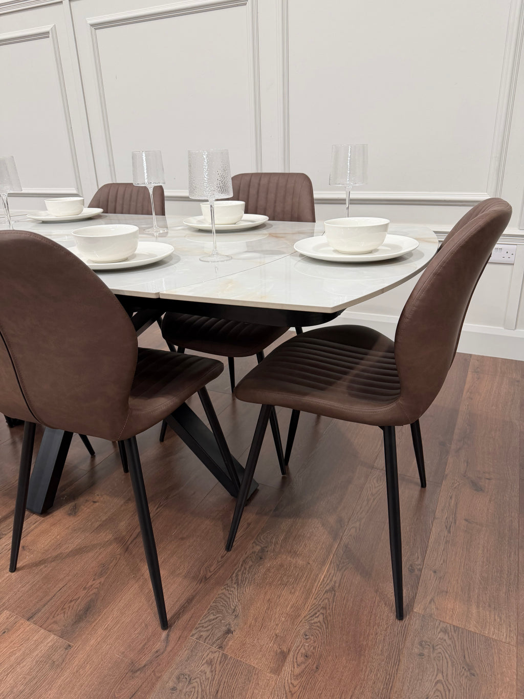 Positano Extending Sintered Stone Dining Table + 6 Lyra Brown PU Chairs
